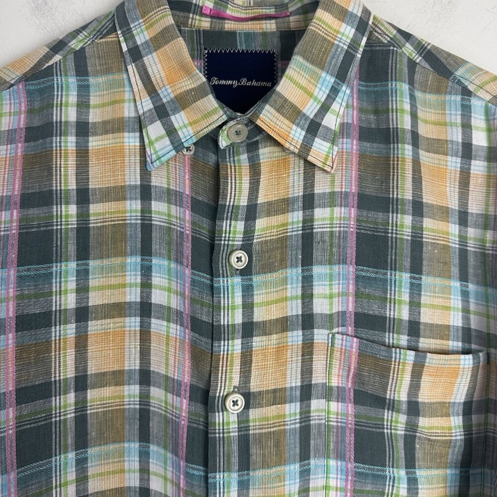 Tommy Bahama 100% Linen Long‎ Sleeve Shirt Mens M Madras Plaid Colorful Travel